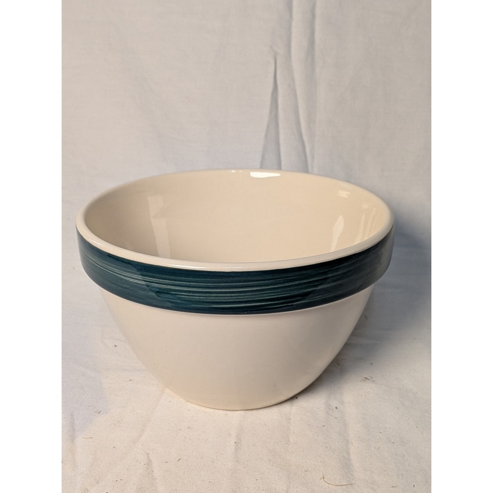 Vintage Stoneware Mixing Bowl Cream with Teal Green Band Farmhouse Crock Crazed